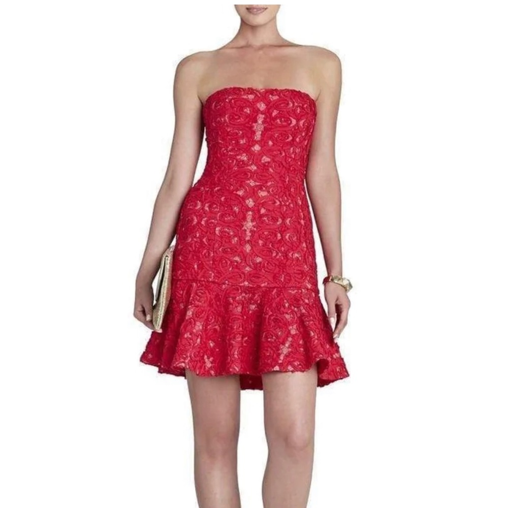 BCBGMAXAZRIA Marina Red Lace Strapless Cocktail Dress